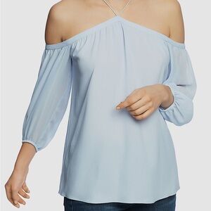1.State Women's Blue Solid Off The Shoulder Sheer Chiffon Blouse Top Size S
